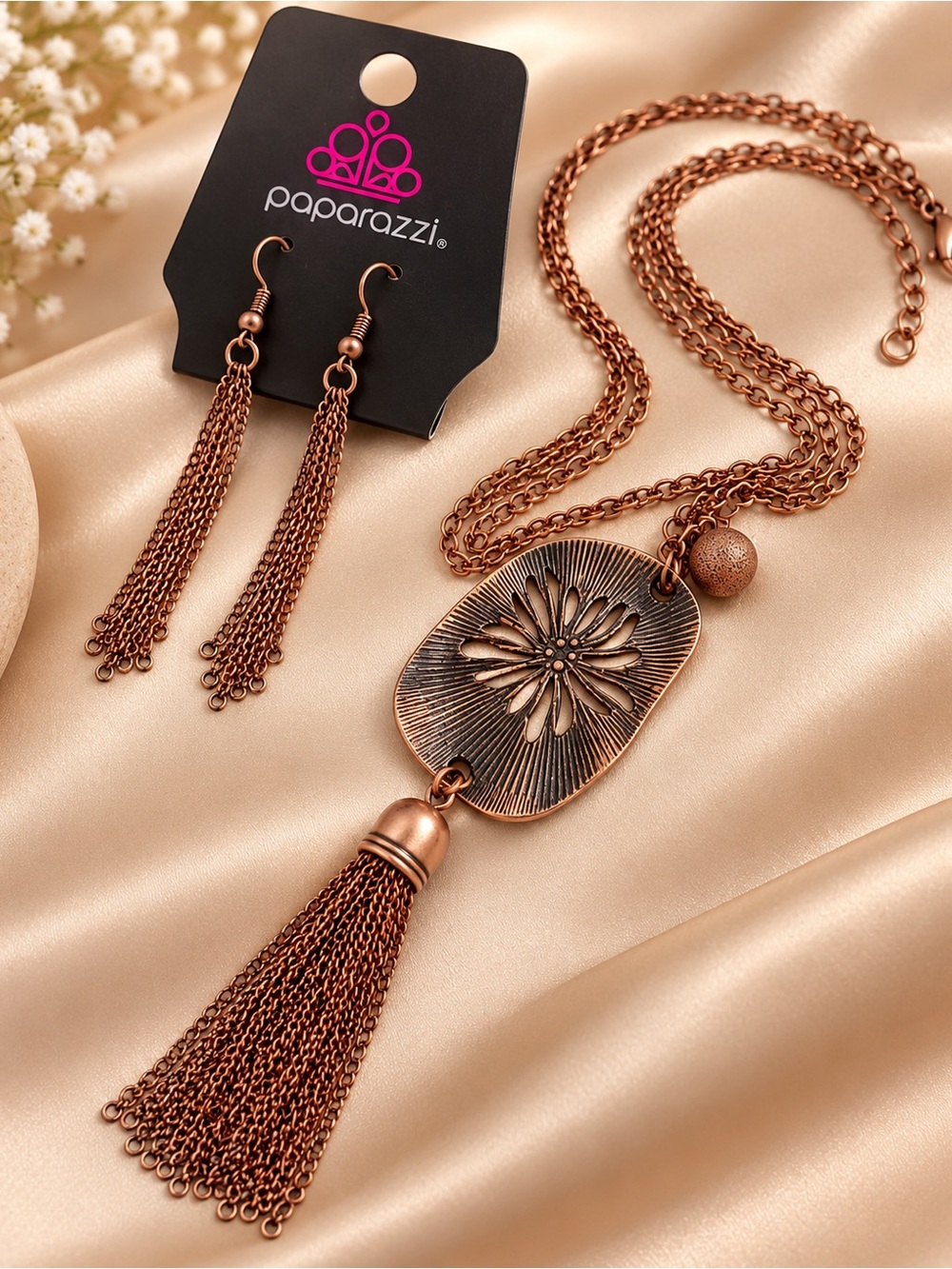 paparazzi Copper Floral Tassel Necklace and Chain Drop Earrings